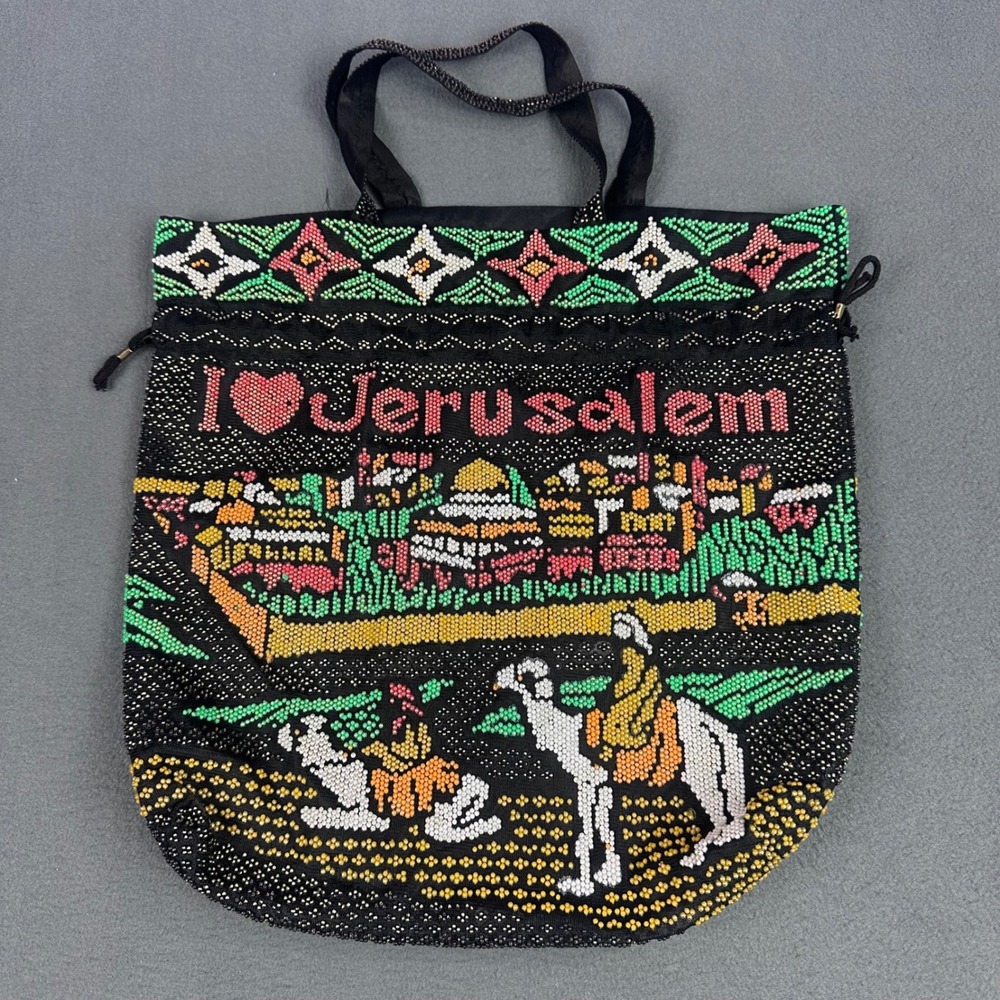 Vintage I Heart Jerusalem Beaded Tote Bag Camel Souvenir Drawstring Black Multi